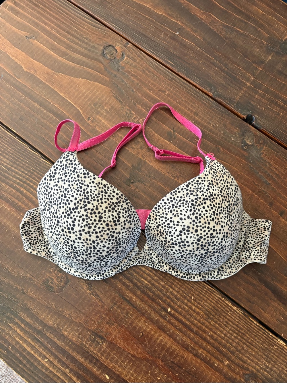 Victoria's Secret Black-and-White Dotted Push-Up Bra with Pink Straps
